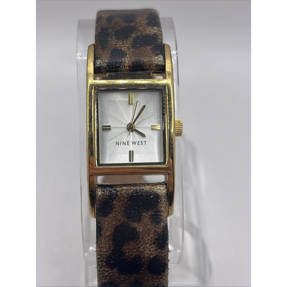 Nine West Women's Quartz Watch Leopard Print Leather Band Gold Case- New Battery